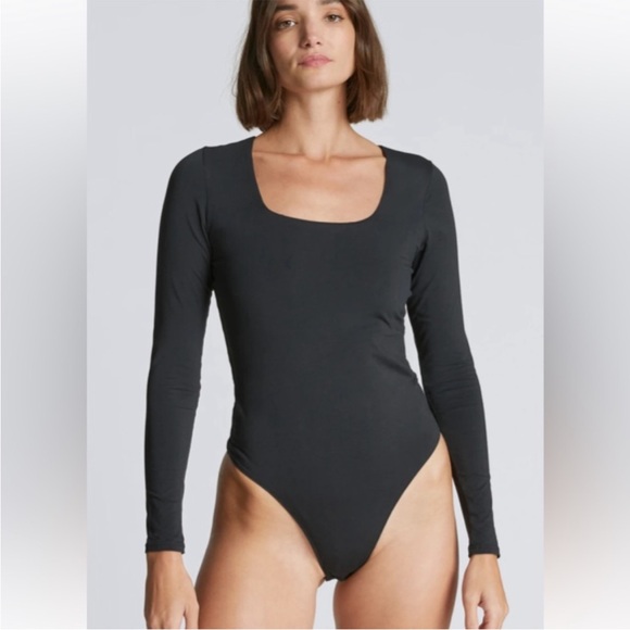 Everlane Bodysuit Square Neck Thong Long Sleeve Black S (2-4) NWT Soft Cotton - Picture 1 of 9
